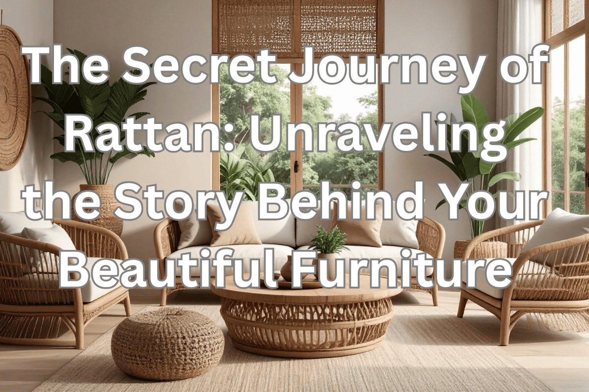 Room set with rattan furniture and accessories.