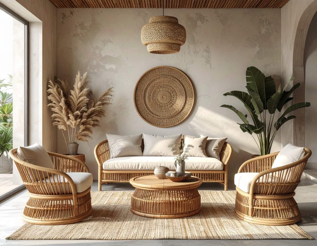 Room set with rattan furniture and accessories.