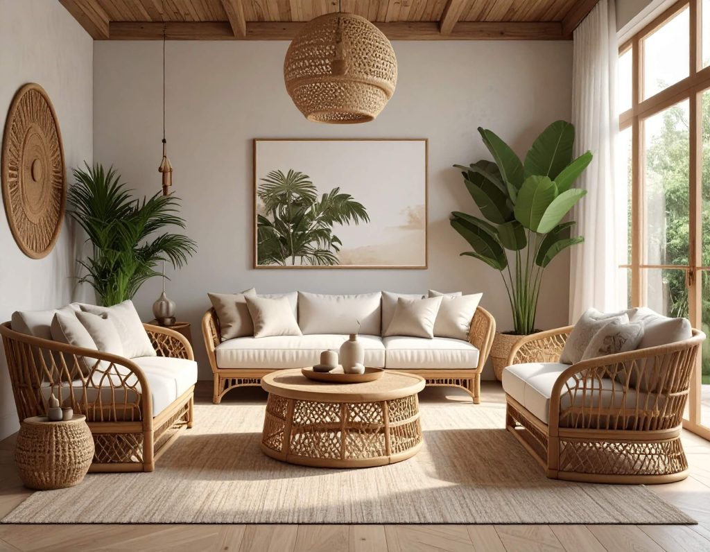 Room set with rattan furniture and accessories.