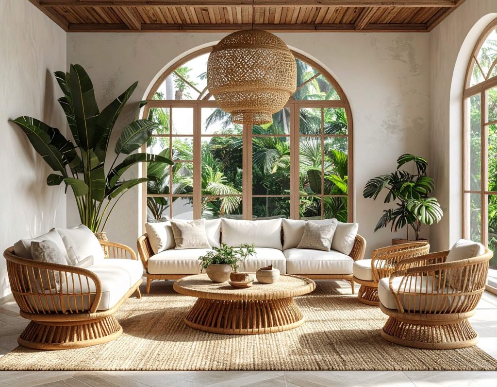 Room set with rattan furniture and accessories.