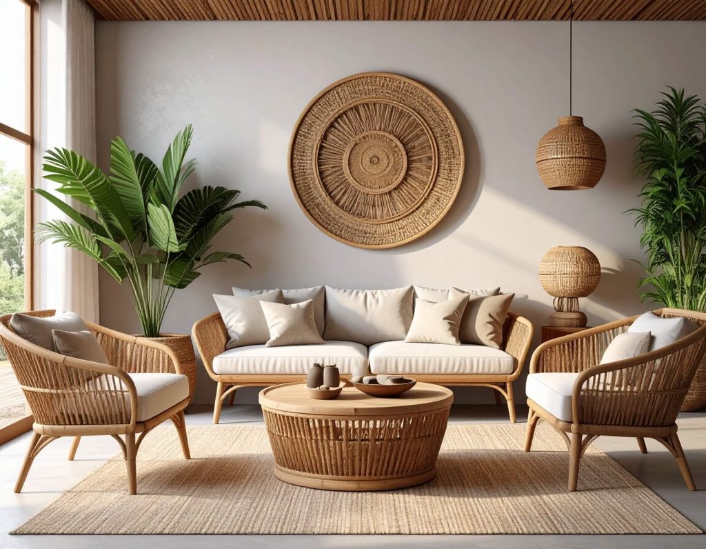 Room set with rattan furniture and accessories.