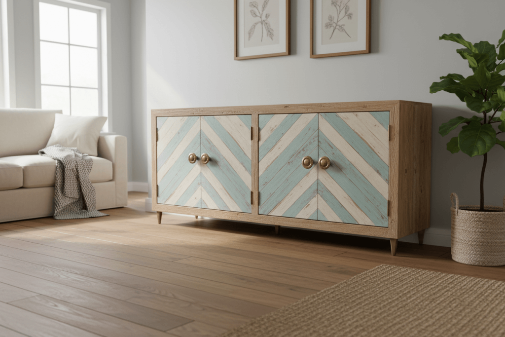 Recycled pinewood cabinet with herringbone design on doors.