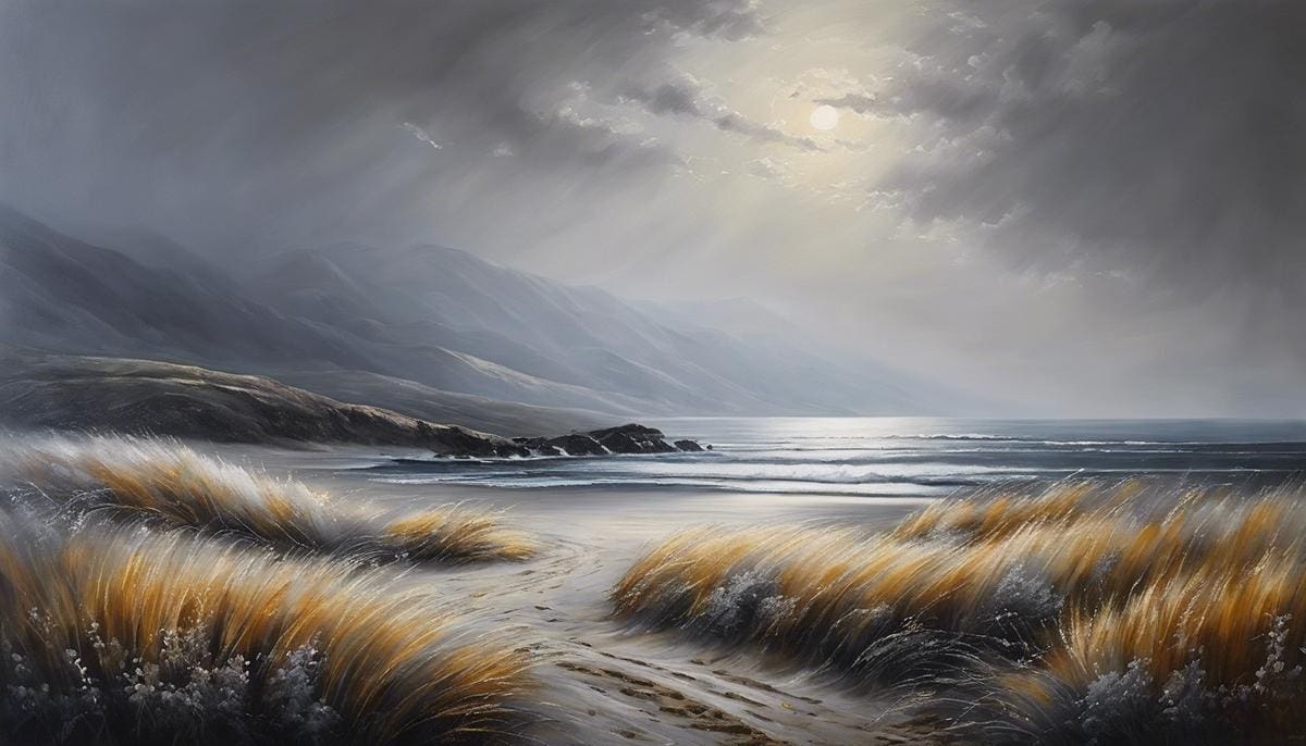 A painting featuring various shades of light grey, evoking a sense of serenity and depth
