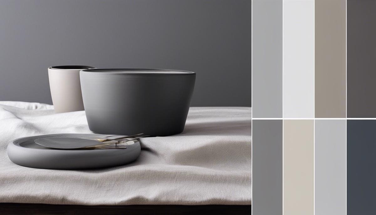 Various shades of light grey paint displayed on a color palette, showcasing the different undertones and finishes.