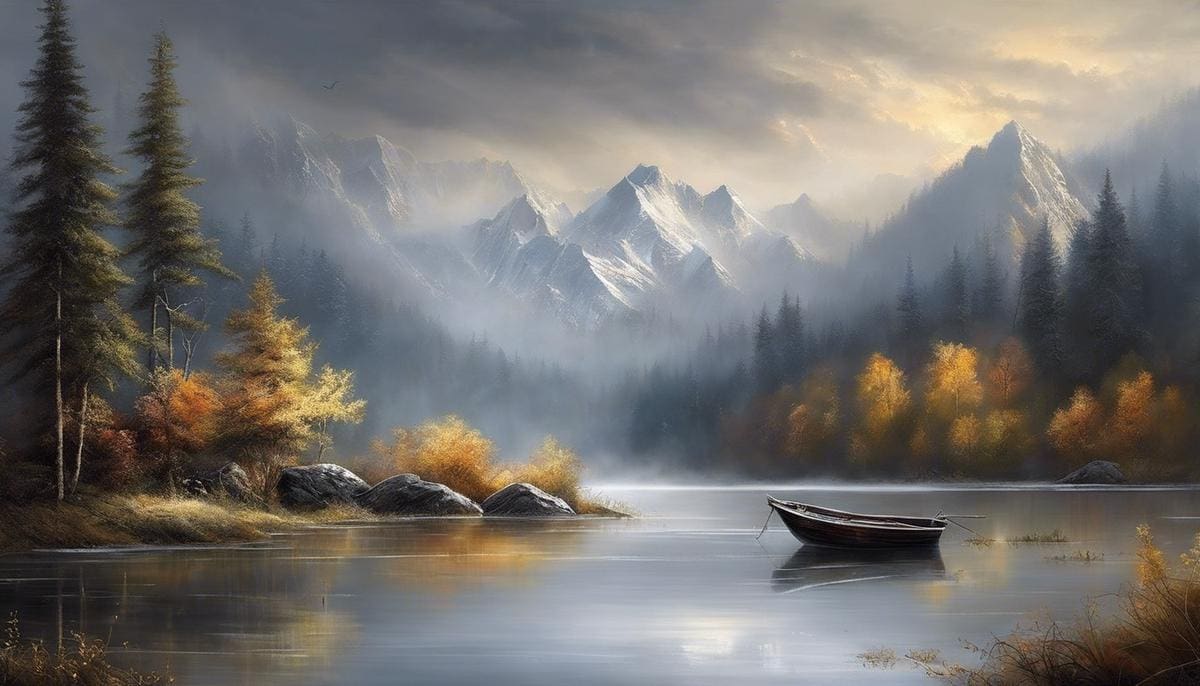Image description: A beautiful painting with various shades of light grey, creating a serene and mystical atmosphere.