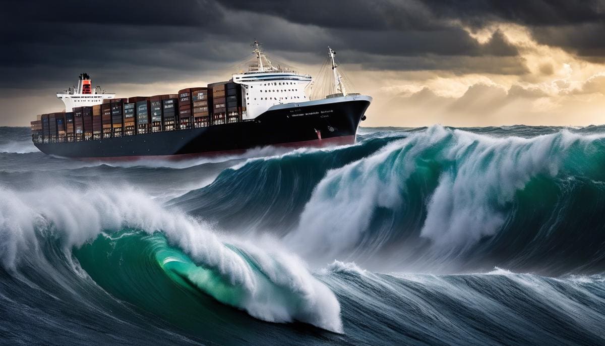 An image of a ship sailing through stormy waters, representing the challenges and uncertainties of navigating global supply chains.