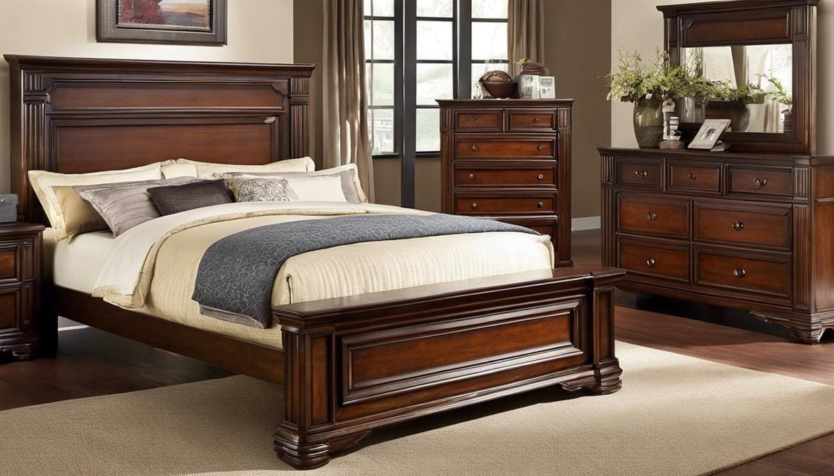 A wooden bed frame with elegant design, adding warmth and character to a bedroom.